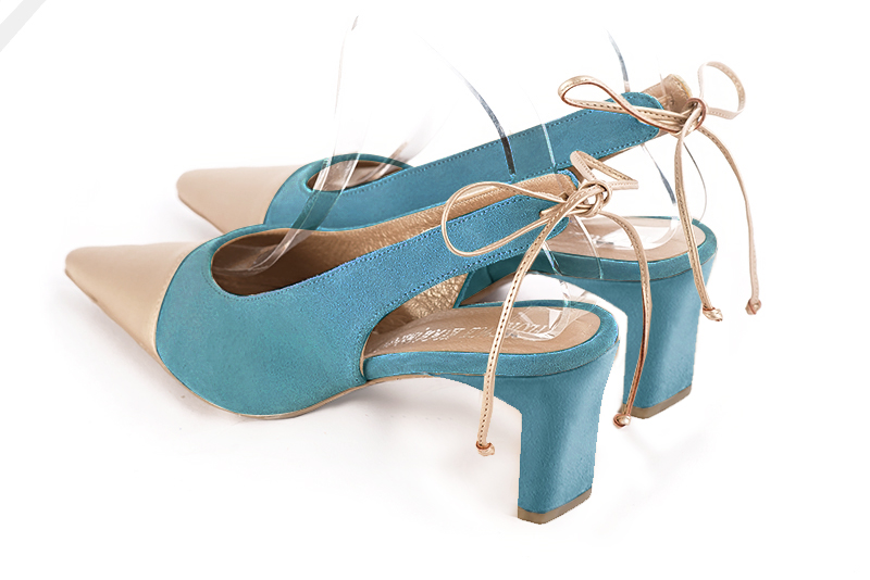 Gold and peacock blue women's slingback shoes. Pointed toe. Medium comma heels. Rear view - Florence KOOIJMAN